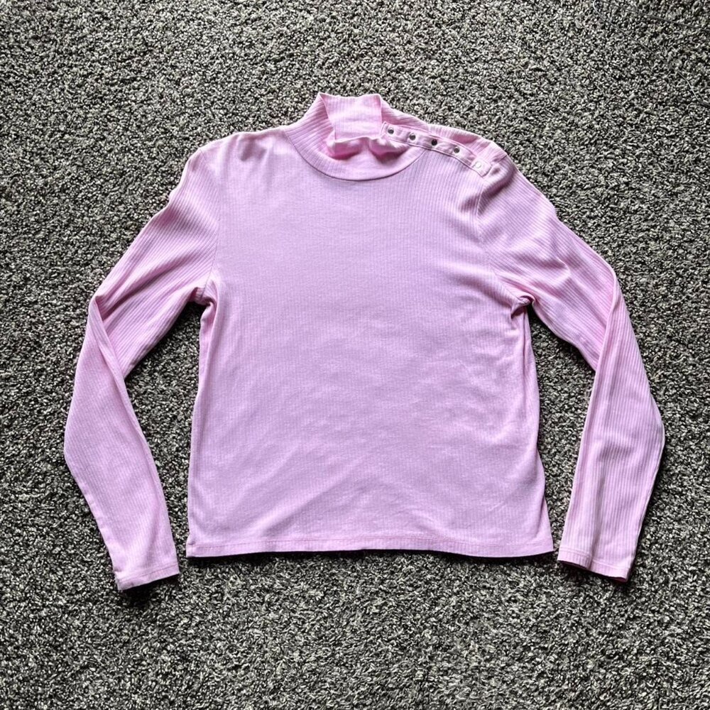 Michael Kors Pink Ribbed Button-Shoulder Long Sleeve Top